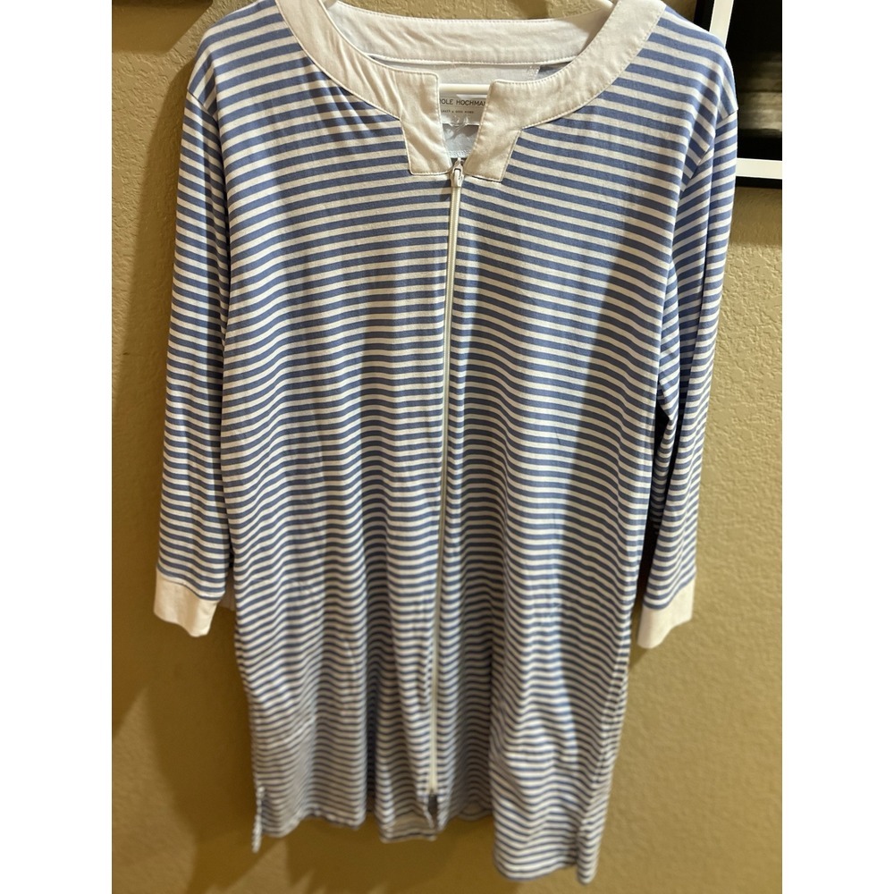 Women's CAROLE HOCHMAN White Blue Stripe 3/4 sleeve Robe Cotton Blend Sz L